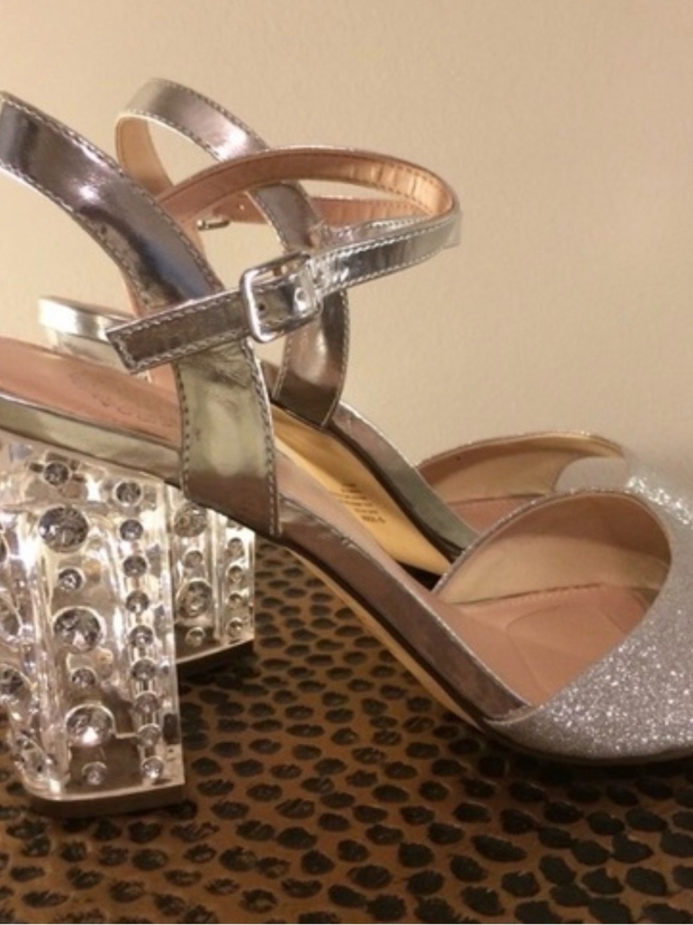 Silver Glitter Open-Toe Block Heel Sandals with Crystal Accent - Picture 3 of 3